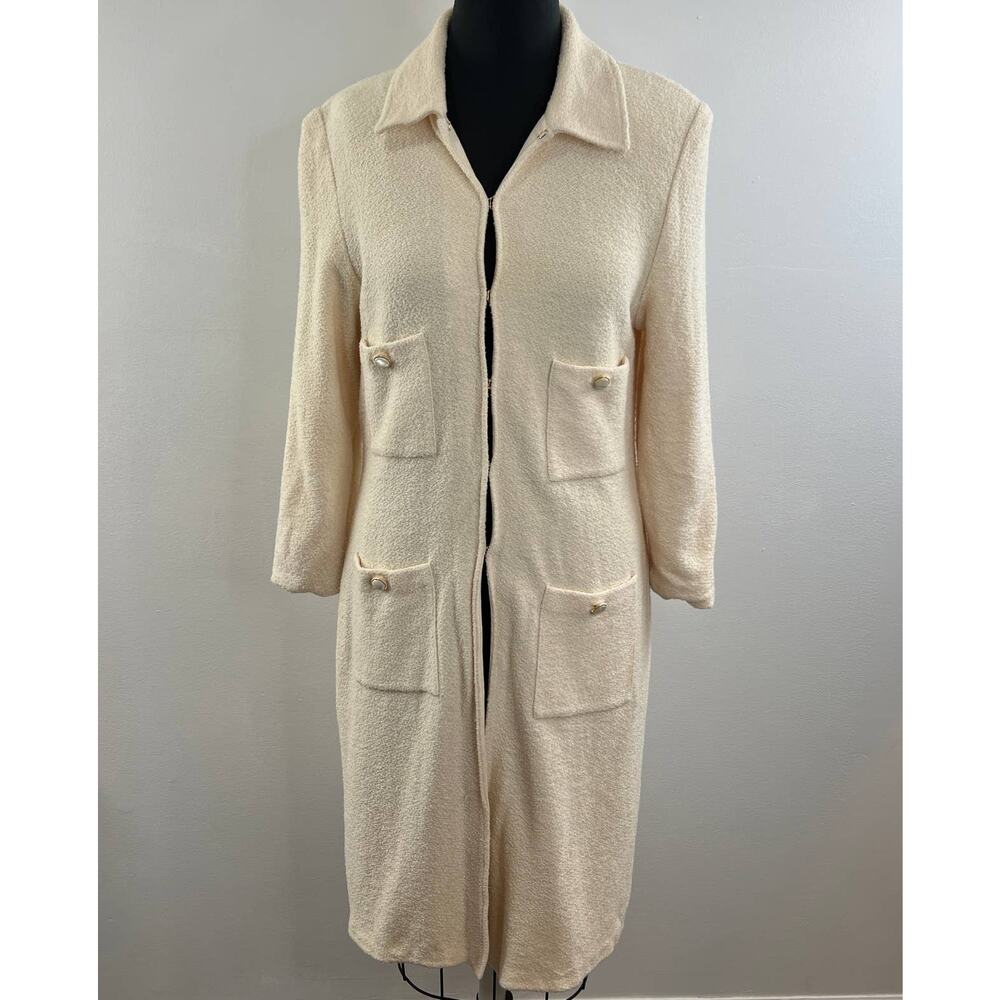 VINTAGE St John Cream Long Line Duster Wool Four Pocket Sweater Coat 10 FLAW VTG